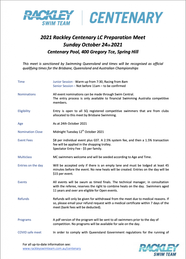 2021 Rackley Centenary LC Prep Meet - Sunday 24 October